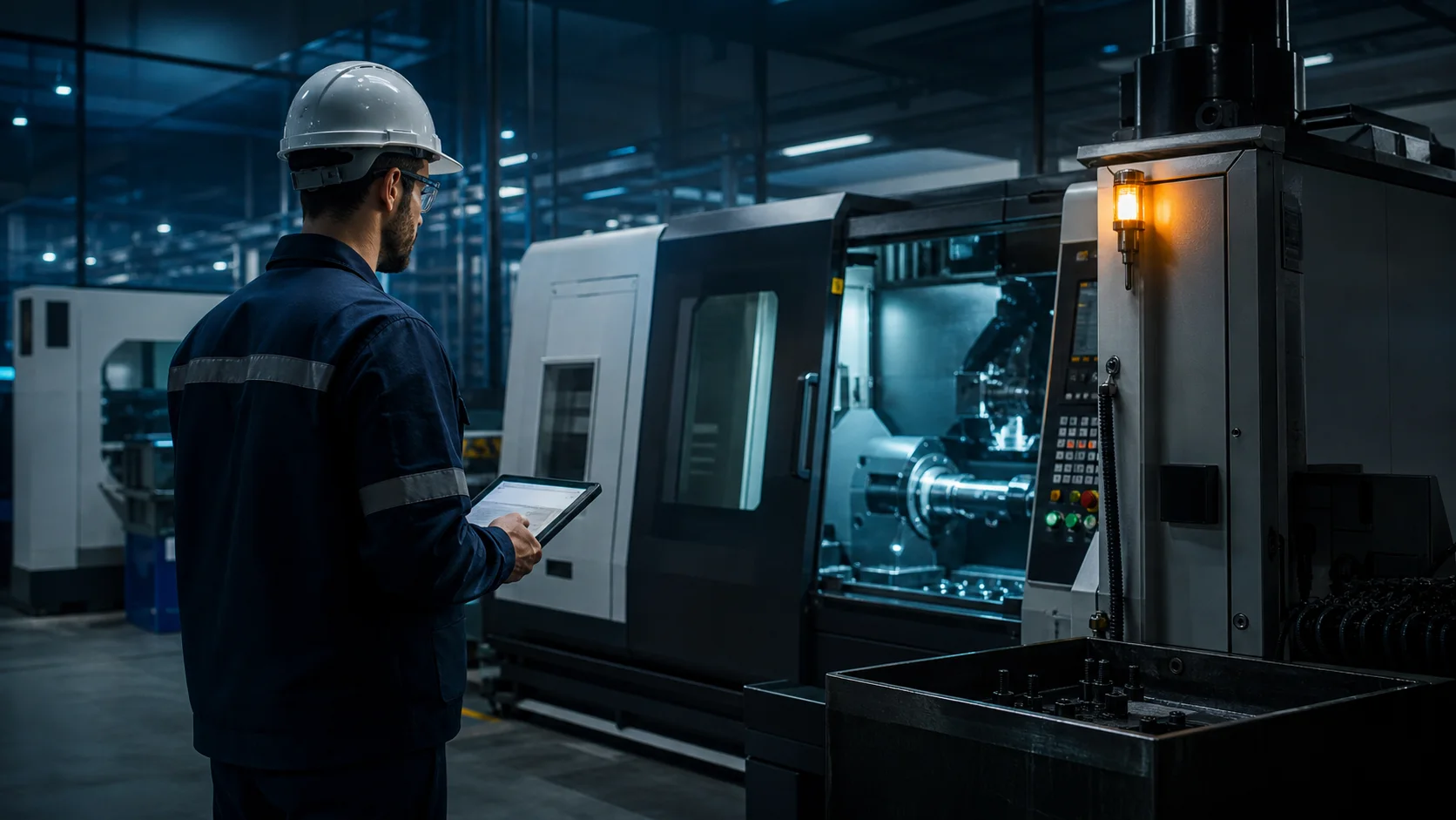 Maintenance engineer investigating a CNC machine warning